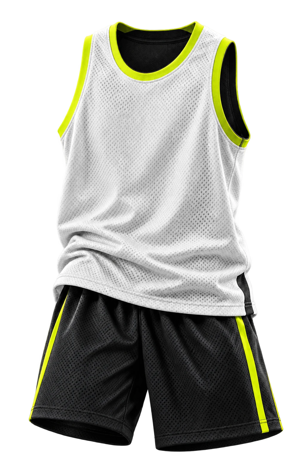 White mesh basketball jersey with lime trim and black shorts